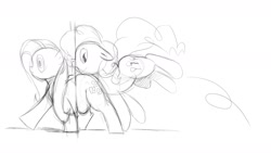 Size: 1600x900 | Tagged: safe, artist:envy, character:fluttershy, character:pinkie pie, species:earth pony, species:pegasus, species:pony, bump, duo, duo female, fat, fattershy, female, mare, monochrome, obese, sketch, stuck, tripping