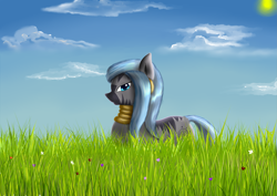 Size: 3507x2480 | Tagged: safe, artist:ruanshi, character:zecora, species:zebra, alternate hairstyle, cloud, ear piercing, female, field, grass, looking at you, loose hair, piercing, sky, smiling, solo, sun
