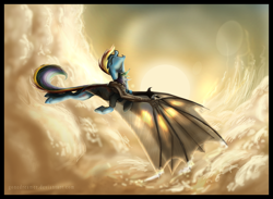 Size: 4215x3089 | Tagged: safe, artist:gonedreamer, character:rainbow dash, species:dracony, species:pony, absurd resolution, cloud, dragon wings, fangs, female, flying, hybrid, mare, rainbow dragon, sky, solo, sun, this will end in fire, transformation
