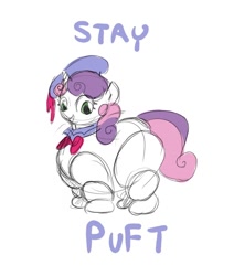 Size: 550x650 | Tagged: safe, artist:envy, character:sweetie belle, species:pony, species:unicorn, crossover, female, filly, ghostbusters, marshmallow, simple background, solo, stay puft marshmallow man, stay puft marshmallow mare, sweetie belle is a marshmallow too, wheelie belle, white background