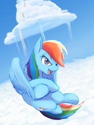 Size: 1280x1696 | Tagged: safe, artist:masak9, character:rainbow dash, species:pegasus, species:pony, badass, cloud, cloudsdale, cloudy, cool, crossed hooves, female, flying, mare, rainbow, rainbow waterfall, sky, solo, spread wings, wings