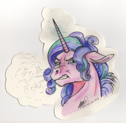 Size: 1024x1001 | Tagged: safe, artist:sagastuff94, character:starlight glimmer, species:classical unicorn, angry, fangs, female, hoers, horses doing horse things, leonine tail, snorting, solo, traditional art