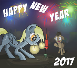 Size: 2699x2400 | Tagged: safe, artist:helmie-d, character:derpy hooves, character:doctor whooves, character:time turner, species:pegasus, species:pony, 2017, female, fireworks, happy new year, happy new year 2017, mare, this will end in tears