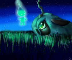 Size: 3000x2500 | Tagged: safe, artist:ruanshi, character:queen chrysalis, species:changeling, changeling queen, curious, duo, fascinated, female, field, floppy ears, glow, grass, looking at something, looking up, night, profile, spirit, starry night, stars