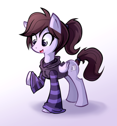 Size: 886x949 | Tagged: safe, artist:ric-m, oc, oc only, oc:arianna, oc:pillow case, species:pegasus, species:pony, clothing, female, gradient background, hoodie, looking down, mare, open mouth, ponified, raised hoof, smiling, solo, sweater, tail wrap