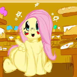Size: 700x700 | Tagged: safe, artist:envy, character:fluttershy, species:pegasus, species:pony, blushing, cake, fat, fattershy, female, mare, sitting, solo