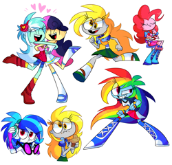 Size: 1241x1190 | Tagged: safe, artist:vdru7, character:bon bon, character:derpy hooves, character:dj pon-3, character:lyra heartstrings, character:rainbow dash, character:sweetie drops, character:vinyl scratch, my little pony:equestria girls, boots, bracelet, breasts, busty bon bon, busty derpy hooves, busty lyra heartstrings, busty rainbow dash, cake, clothing, compression shorts, cute, eating, food, glasses, grin, headphones, heart, high heel boots, hug, implied lesbian, implied lyrabon, implied shipping, jewelry, mary janes, muffin, running, sandals, shoes, shorts, sitting, skirt, smiling, socks