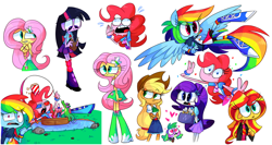 Size: 1280x680 | Tagged: safe, artist:vdru7, character:applejack, character:fluttershy, character:gummy, character:pinkie pie, character:rainbow dash, character:rarity, character:spike, character:sunset shimmer, character:twilight sparkle, species:dog, my little pony:equestria girls, 3d glasses, boat, boots, bracelet, clothing, compression shorts, cowboy hat, cute, fishing rod, flying, hat, heart, heart eyes, high heel boots, humane five, humane seven, humane six, jacket, jewelry, leather jacket, leg warmers, pleated skirt, ponied up, shoes, shorts, skirt, socks, spike the dog, stetson, wingding eyes, wings