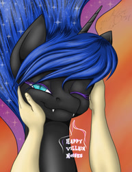 Size: 1024x1325 | Tagged: safe, artist:ravvij, character:nightmare moon, character:princess luna, species:alicorn, species:human, species:pony, content, cuddling, cute, descriptive noise, ear scratch, fangs, female, hand, happy, horse noises, looking at you, mare, moonabetes, smiling, snuggling, solo