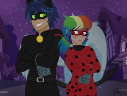 Size: 2048x1536 | Tagged: safe, artist:pimpartist101, character:rainbow dash, character:soarin', species:human, ship:soarindash, crossover, humanized, kiss mark, ladynoir, lipstick, male, miraculous ladybug, shipping, straight