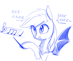 Size: 495x414 | Tagged: safe, artist:aureai-sketches, oc, oc only, species:bat pony, species:pony, baton, chest fluff, conductor's baton, cute, dialogue, eeee, female, fluffy, happy, hoof hold, leg fluff, mare, monochrome, music notes, open mouth, sheet music, simple background, singing, sketch, smiling, solo, spread wings, tilde, underhoof, white background, wings