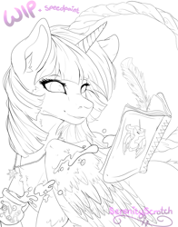 Size: 2640x3360 | Tagged: safe, artist:serenity, character:twilight sparkle, character:twilight sparkle (alicorn), species:alicorn, species:pony, accessory, book, cute, female, fluffy, ink, jewelry, lineart, magic, mare, necklace, pretty, series, solo, wip