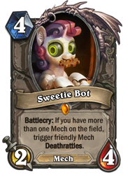 Size: 400x569 | Tagged: safe, artist:cannibalus, character:sweetie belle, species:pony, species:unicorn, sweetie bot, card, crossover, female, filly, hearthstone, legendary, robot, solo, trading card, trading card game, warcraft