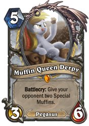 Size: 400x569 | Tagged: safe, artist:cannibalus, character:derpy hooves, species:pegasus, species:pony, card, crossover, female, food, hearthstone, legendary, muffin, muffin queen, priest, solo, trading card, trading card game, warcraft