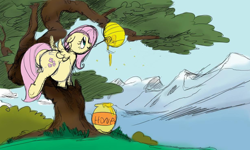 Size: 1232x738 | Tagged: safe, artist:envy, character:fluttershy, species:pegasus, species:pony, bee, beehive, fat, fattershy, female, floppy ears, honey, honey dipper, jar, mare, mouth hold, obese, smiling, solo, tree