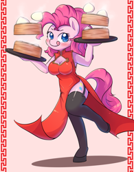 Size: 1000x1280 | Tagged: safe, artist:tikrs007, character:pinkie pie, species:anthro, species:unguligrade anthro, boob window, breasts, busty pinkie pie, cheongsam, chinese new year, clothing, cute, diapinkes, dumplings, female, food, side slit, socks, solo, stockings, thigh highs, tongue out, tray