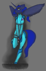 Size: 2276x3508 | Tagged: safe, artist:itzdatag0ndray, character:princess luna, species:alicorn, species:anthro, species:pony, species:unguligrade anthro, angry, breasts, busty princess luna, ear fluff, female, gun, metroid, nintendo, simple background, solo, weapon, zero suit