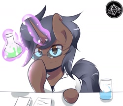 Size: 1400x1200 | Tagged: safe, artist:papibabidi, oc, oc only, species:pony, species:unicorn, beaker, clothing, female, flask, glasses, lab coat, magic, mare, science, simple background, solo, white background
