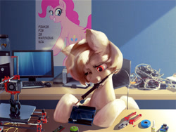 Size: 1600x1200 | Tagged: safe, artist:hardbrony, character:pinkie pie, oc, oc only, species:pony, 3d printer, arduino, computer, electronics, monitor, mouth hold, pinkie pie is watching you, pliers, poster, russian, soldering iron, solo, tape, wires