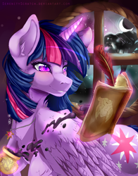 Size: 2640x3360 | Tagged: safe, artist:serenity, character:twilight sparkle, character:twilight sparkle (alicorn), species:alicorn, species:pony, book, colored pupils, ear fluff, female, fluffy, heart eyes, ink, jewelry, levitation, magic, moon, necklace, night, pen and ink, pretty, quill, solo, speedpaint, speedpaint available, telekinesis, wing fluff, wingding eyes
