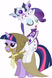 Size: 3801x5694 | Tagged: safe, artist:scrimpeh, character:clover the clever, character:rarity, character:twilight sparkle, character:twilight sparkle (unicorn), species:pony, species:unicorn, bridle, crown, duo, eyes closed, jewelry, ponies riding ponies, princess platinum, regalia, riding