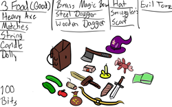 Size: 1280x800 | Tagged: safe, artist:saria the frost mage, a foal's adventure, bag, bag of money, bits, bow (weapon), candle, clothing, cyoa, dagger, doll, feather, food, hat, hatchet, inventory, knife, pony doll, pony in description, story included, text, toy, weapon