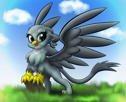 Size: 1556x1255 | Tagged: safe, artist:ikarooz, character:gabby, species:griffon, cute, female, gabbybetes, happy, open mouth, solo, spread wings, wings
