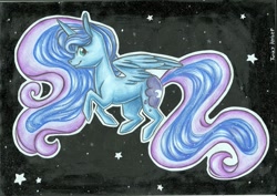 Size: 1024x727 | Tagged: safe, artist:twixyamber, character:princess luna, species:alicorn, species:pony, female, flying, night, smiling, solo, stars, traditional art