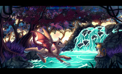 Size: 1500x907 | Tagged: safe, artist:ka-samy, oc, oc only, oc:squiggles, cat, commission, forest, manticore, solo, waterfall