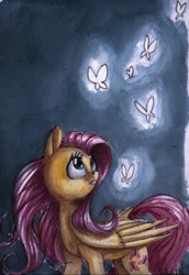 Size: 540x787 | Tagged: safe, artist:theorderofalisikus, character:fluttershy, butterfly, female, folded wings, gritted teeth, looking at something, looking back, looking up, solo, traditional art