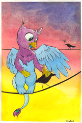 Size: 2216x3308 | Tagged: safe, artist:flowbish, oc, oc only, oc:gyro feather, oc:gyro tech, species:bird, species:crow, species:griffon, griffonized, power line, solo, species swap, sunset, traditional art, watercolor painting