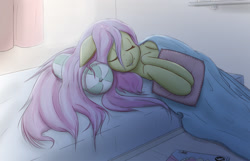 Size: 1352x868 | Tagged: safe, artist:ikarooz, character:fluttershy, beautiful, blanket, cute, eyes closed, female, floppy ears, loose hair, morning, peaceful, pillow, shyabetes, sleeping, smiling, solo, spread out hair