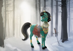 Size: 1555x1080 | Tagged: safe, artist:hardbrony, species:earth pony, species:pony, barbarian, clothing, crossover, female, forest, maneha, mare, pillars of eternity, ponified, smiling, snow, solo, sun, sunlight, sword, weapon