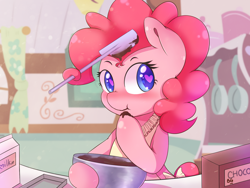 Size: 1600x1200 | Tagged: safe, artist:tikrs007, character:pinkie pie, species:pony, baking, bipedal, blushing, chocolate, colored pupils, cute, diapinkes, dough scraper, female, food, heart eyes, milk, prehensile mane, solo, wingding eyes
