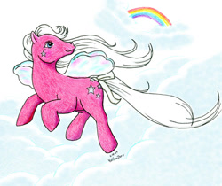 Size: 630x528 | Tagged: safe, artist:hollowzero, species:flutter pony, g1, cloud, colored pencil drawing, female, hollywood (g1), pen drawing, pencil drawing, photoshop, rainbow, solo, traditional art