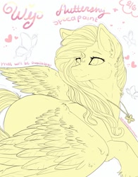 Size: 1005x1280 | Tagged: safe, artist:serenity, character:fluttershy, butterfly, cute, ear fluff, eyelashes, feather, female, head turn, heart, jewelry, looking back, necklace, pretty, print, shyabetes, solo, speedpaint, spread wings, wings, wip