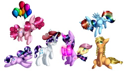Size: 2477x1429 | Tagged: safe, artist:alithecat1989, character:applejack, character:fluttershy, character:pinkie pie, character:rainbow dash, character:rarity, character:starlight glimmer, character:twilight sparkle, species:earth pony, species:pegasus, species:pony, species:unicorn, alternate hairstyle, balloon, blushing, book, braid, clothing, cute, ear fluff, eyes closed, floating, floppy ears, flying, glowing horn, hat, levitation, looking up, magic, mane six, pigtails, raised hoof, simple background, smiling, telekinesis, then watch her balloons lift her up to the sky, tongue out, transparent background, underhoof, wingless, younger