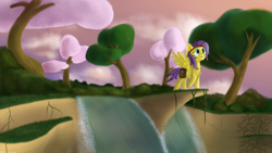 Size: 1920x1080 | Tagged: safe, artist:mattatatta, character:fluttershy, species:pegasus, species:pony, alternate hairstyle, female, headband, mare, saddle bag, scenery, solo, survivor shy, tree, wallpaper, water, waterfall