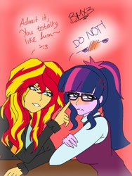Size: 600x800 | Tagged: safe, artist:brickercupmasterx3, character:sunset shimmer, character:twilight sparkle, character:twilight sparkle (scitwi), species:eqg human, my little pony:equestria girls, blushing, female, implied flash sentry, implied flashlight, implied sciflash, male, straight