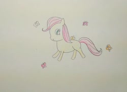 Size: 944x682 | Tagged: safe, artist:sumi-mlp25, character:fluttershy, butterfly, female, filly, filly fluttershy, flying, happy, solo, traditional art