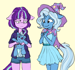 Size: 1024x965 | Tagged: safe, artist:orchidpony, character:starlight glimmer, character:trixie, species:anthro, species:pony, species:unicorn, ship:startrix, button eyes, cape, clothing, dress, female, floppy ears, hat, hoodie, lesbian, lidded eyes, mare, plushie, shipping, simple background, trixie's cape, trixie's hat, wizard hat, yellow background
