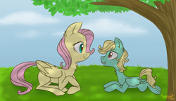 Size: 1024x591 | Tagged: safe, artist:flourret, character:fluttershy, character:zephyr breeze, species:pegasus, species:pony, blank flank, brother and sister, chest fluff, cloud, colt zephyr breeze, cute, duo, ear fluff, female, folded wings, grass, looking at each other, lying down, male, neck fluff, open mouth, outdoors, profile, prone, shyabetes, siblings, signature, sky, smiling, talking, tree, under the tree, younger, zephyrbetes