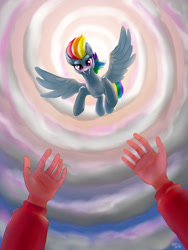 Size: 1200x1600 | Tagged: safe, artist:hardbrony, character:rainbow dash, species:human, fanfic:my little dashie, clothing, cloud, duo, female, flying, looking at you, reaching out, sky, smiling, solo
