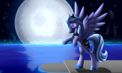 Size: 1024x614 | Tagged: safe, artist:whitehershey, character:princess luna, species:alicorn, species:pony, eyes closed, female, floppy ears, moon, night, ocean, open mouth, rearing, s1 luna, solo, spread wings, stars, water, wings