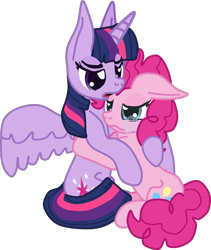 Size: 1042x1233 | Tagged: safe, artist:casanova-mew, character:pinkie pie, character:twilight sparkle, character:twilight sparkle (alicorn), species:alicorn, species:earth pony, species:pony, ship:twinkie, comforting, crying, female, floppy ears, frown, hug, lesbian, lidded eyes, mare, open mouth, sad, shipping, simple background, sitting, spread wings, transparent background, when she doesn't smile, wings