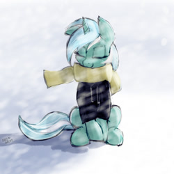 Size: 1200x1200 | Tagged: safe, artist:hardbrony, character:lyra heartstrings, species:pony, species:unicorn, fanfic:background pony, clothing, coat, dig the swell hoodie, eyes closed, female, hoodie, scarf, signature, sitting, smiling, snow, snowfall, solo, winter outfit