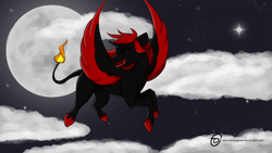Size: 1024x576 | Tagged: safe, artist:obscuredragone, oc, oc only, oc:blaze shadow, species:alicorn, species:pony, black, broken horn, fire tail, flying, happy, hooves, horn, night, red, red and black oc, sky, solo, tail, wings