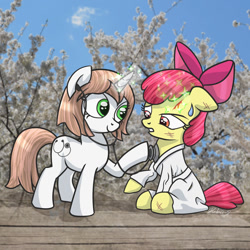 Size: 1024x1024 | Tagged: safe, artist:helmie-d, character:apple bloom, oc, oc:healing touch, species:pony, species:unicorn, blood, bow, clothing, commission, duo, female, filly, floppy ears, gi, glowing horn, hair bow, injured, karate, karatebloom, magic, martial arts, raised hoof, robe, sitting, sky, smiling, sweat, sweatdrop, tree, trousers, white belt