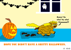 Size: 644x455 | Tagged: safe, artist:fortune, crying, fluffy pony, halloween, holiday, jack-o-lantern, poop, pooping, pumpkin, scared, speech