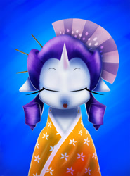 Size: 1007x1364 | Tagged: safe, artist:ikarooz, character:rarity, species:pony, alternate hairstyle, clothing, eyes closed, female, floppy ears, geisha, gradient background, kimono (clothing), lipstick, open mouth, solo